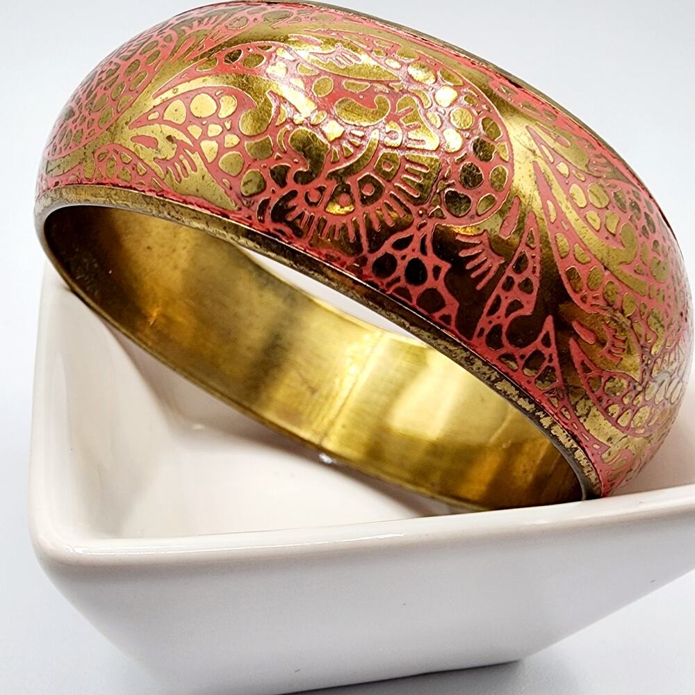 Vintage Brass Bangle with Pink Enamel Floral Wide Boho Bracelet Festival Ready